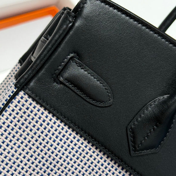 HM Birkin 30cm Black Swift Cowhide With Waffle Light Pink Canvas Fabric Ghw 249973