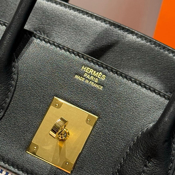 HM Birkin 30cm Black Swift Cowhide With Waffle Light Pink Canvas Fabric Ghw 249973