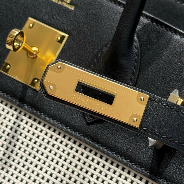 HM Birkin 30cm Black Swift Cowhide With Waffle Panda Black and White Canvas Fabric Ghw 249974