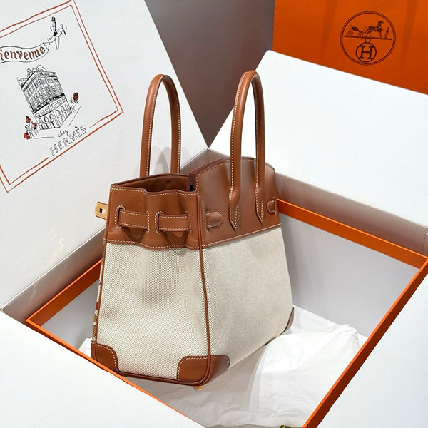 HM Birkin 30cm Golden Brown Swift Cowhide With Horse Totem Beige Canvas Fabric Ghw 249975