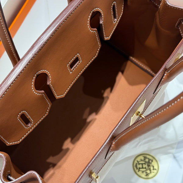 HM Birkin 30 Gold Swift Leather Grey Canvas Gold Hardware