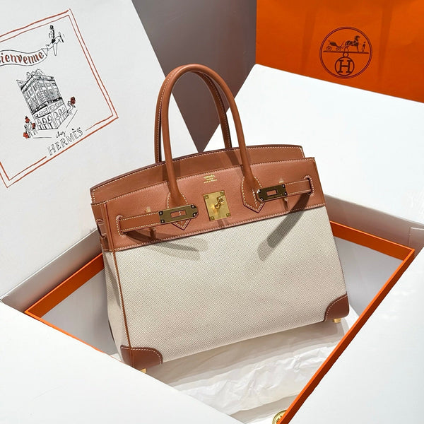 HM Birkin 30cm Golden Brown Swift Cowhide With Beige Canvas Fabric Ghw 249976