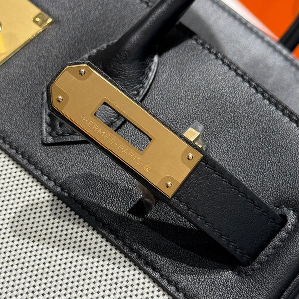 HM Birkin 30 Black Swift Leather Grey Canvas Gold Hardware