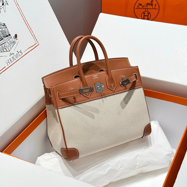 HM Birkin 25cm Golden Brown Swift Cowhide With Beige Canvas Fabric Shw 249989