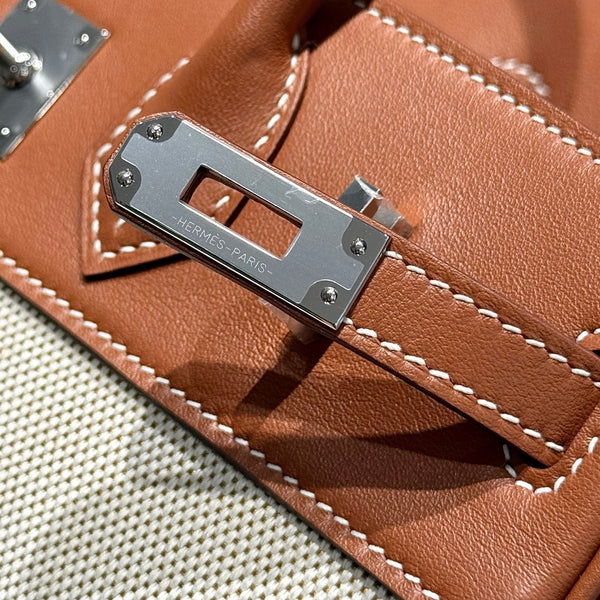 HM Birkin 25cm Golden Brown Swift Cowhide With Beige Canvas Fabric Shw 249989