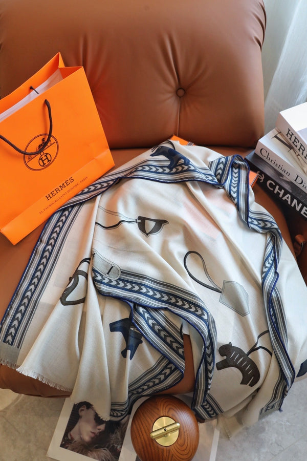 Et Gris Gris Rectangle Scarf 180 CM In White Colorful Cashmere and Mulberry Silk 401142