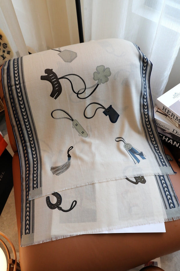 Et Gris Gris Rectangle Scarf 180 CM In White Colorful Cashmere and Mulberry Silk 401142