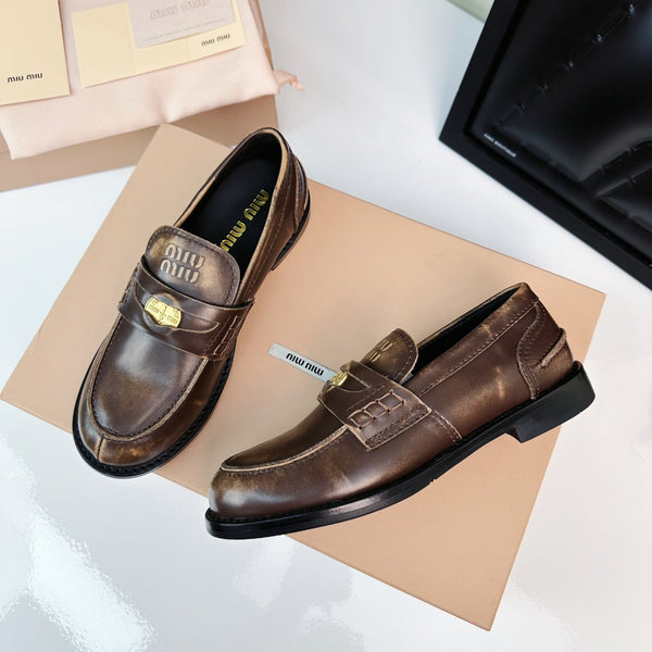 Miu Loafers Chestnut Brown Calfskin