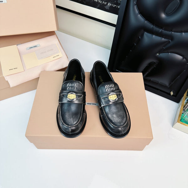 Miu Loafers Black Gray Calfskin