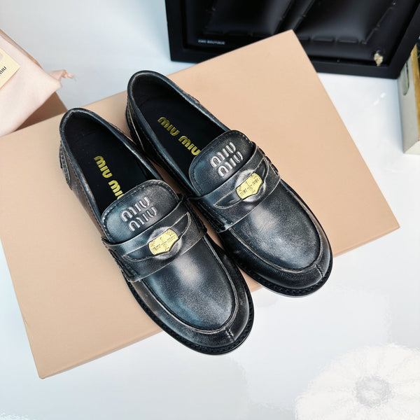 Miu Loafers Black Gray Calfskin