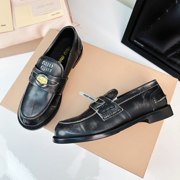 Miu Loafers Black Gray Calfskin