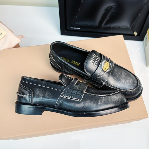 Miu Loafers Black Gray Calfskin