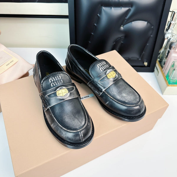 Miu Loafers Black Gray Calfskin