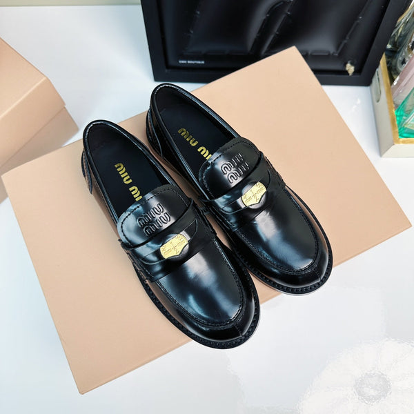 Miu Loafers Glossy Black Calfskin