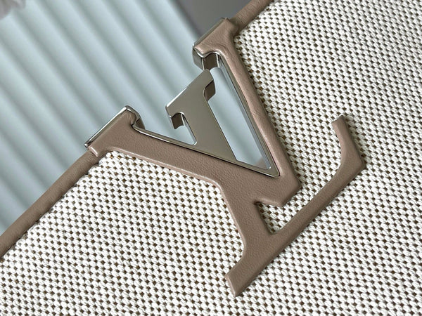 CAPUCINES GM 38CM BEIGE CANVAS BROWN CALFSKIN