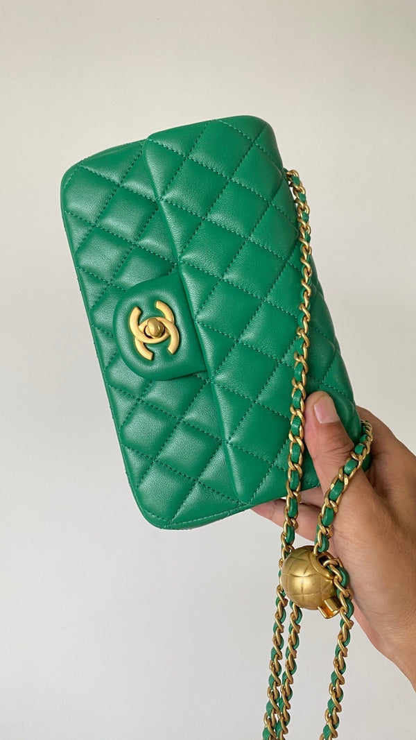 CC 25 classic flap bag 20 mini gold ball mint green calfskin