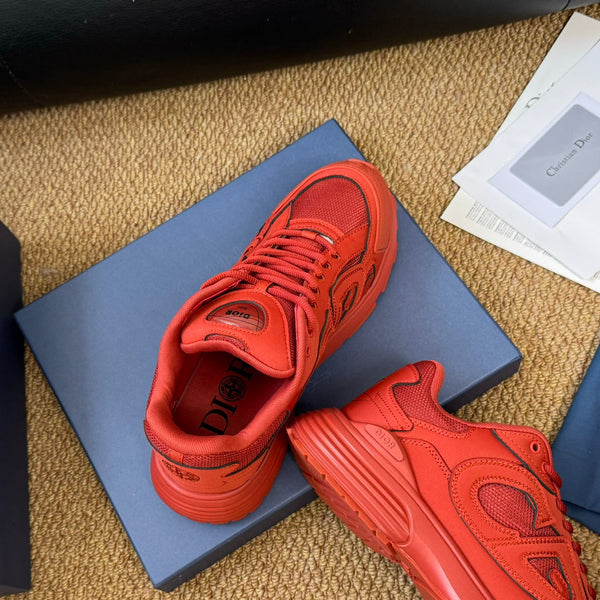 Sneaker CD e Stone Island B30 in pelle bovina rossa e arancione e tessuto a rete in poliestere