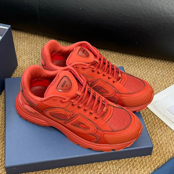 Sneaker CD e Stone Island B30 in pelle bovina rossa e arancione e tessuto a rete in poliestere