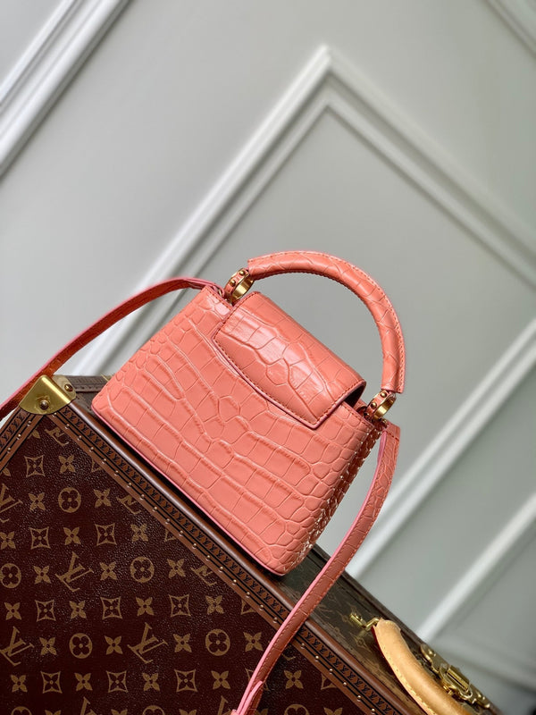 CAPUCINES MINI 21 PINK ORANGE CROCODILE EMBOSSED CALFSKIN GOLD HARDWARE