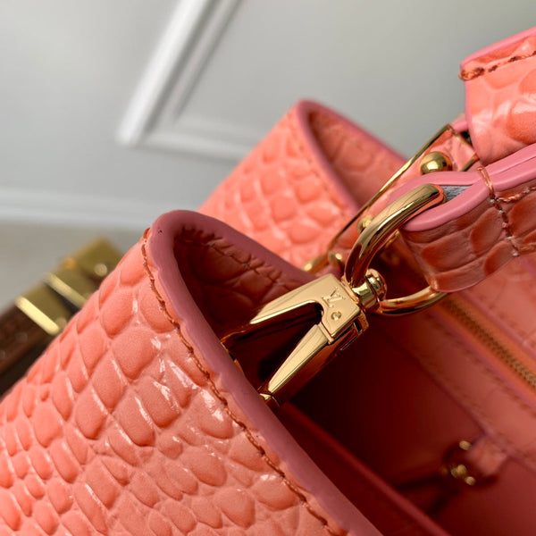 CAPUCINES MINI 21 PINK ORANGE CROCODILE EMBOSSED CALFSKIN GOLD HARDWARE