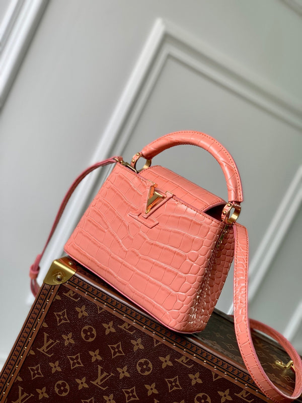 CAPUCINES MINI 21 PINK ORANGE CROCODILE EMBOSSED CALFSKIN GOLD HARDWARE