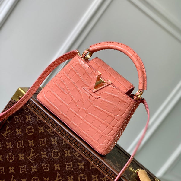 CAPUCINES MINI 21 PINK ORANGE CROCODILE EMBOSSED CALFSKIN GOLD HARDWARE