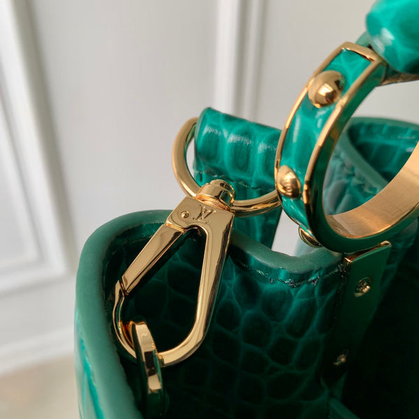 CAPUCINES MINI 21 VERDE PELLE DI VITELLO STAMPATA COCCODRILLO FERRAMENTA ORO