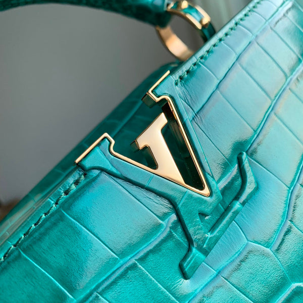 CAPUCINES MINI 21 VERDE PELLE DI VITELLO STAMPATA COCCODRILLO FERRAMENTA ORO