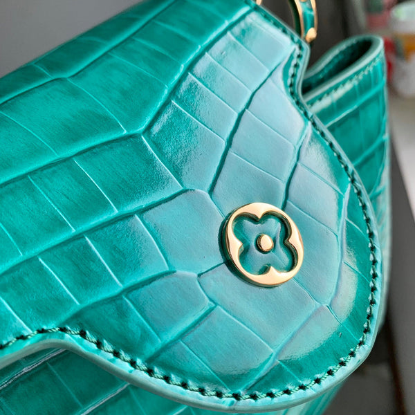 CAPUCINES MINI 21 VERDE PELLE DI VITELLO STAMPATA COCCODRILLO FERRAMENTA ORO