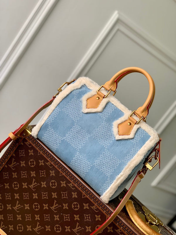 Lv Speedy 25 Bandouliere Beige Leather Denim Wool