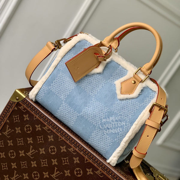 Lv Speedy 25 Bandouliere Beige Leather Denim Wool