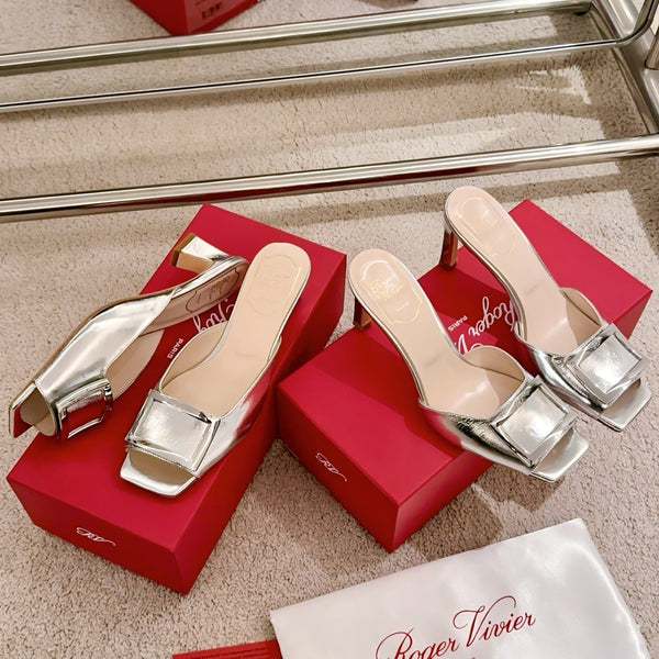 Viv Retro Modern Mules Silver Cowhide Leather 261719