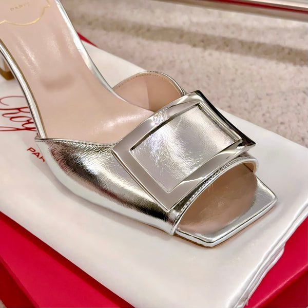 Viv Retro Modern Mules Silver Cowhide Leather 261719