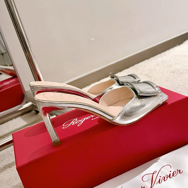 Viv Retro Modern Mules Silver Cowhide Leather 261719