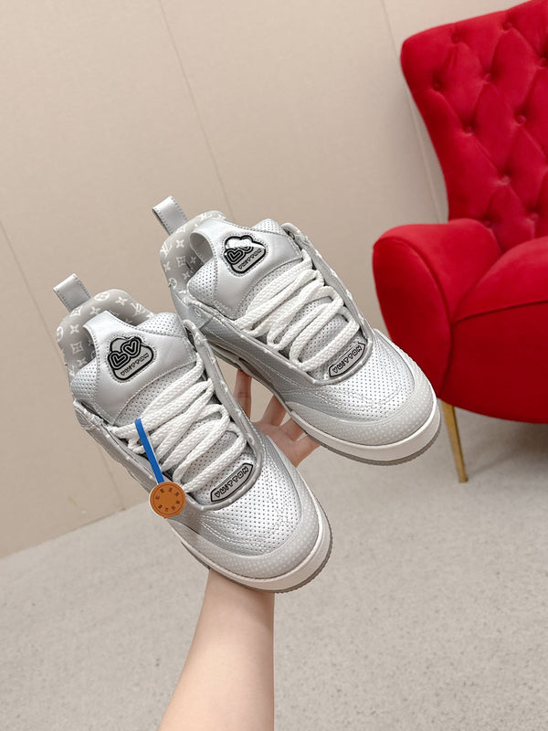 LV Skate Sneakers Silver Metallic and Perforated Calf Leather 528548
