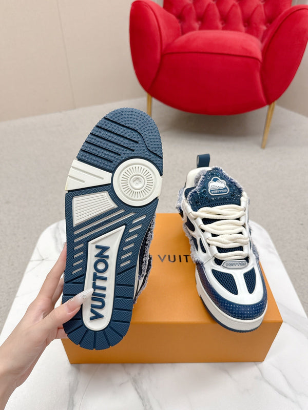 LV Trainer Sneaker Dark Navy White Metallic Grained Metallic Calf Leather 528551