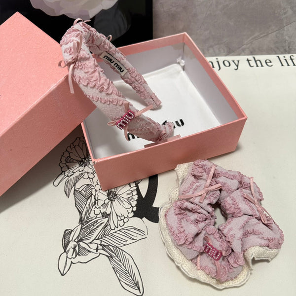 SET HEADBAND AND HAIR TIE IN LIGHT PINK FABRIC ATTACHED BOWS 432848