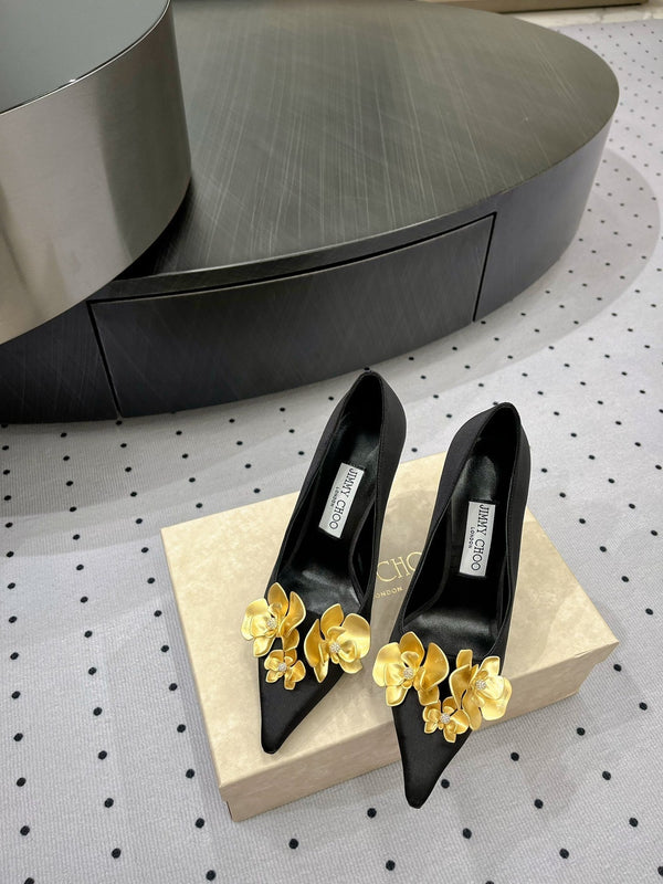 Jimmy Ixia 95 In Black Cowhide Pumps With Flowers 591587
