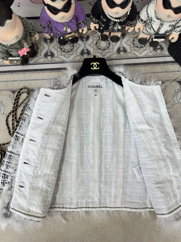 CC Tweed Fur Coat Black White Cotton Polyamide 251826