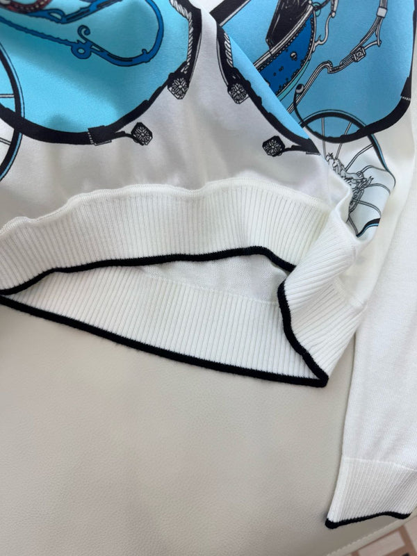 Hm Long Sleeve Knit Sweater White Blue Silk