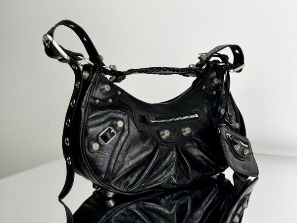 LE CAGOLE LARGE SHOULDER BAG 33 WITH RHINESTONES IN BLACK ARENA LAMBSKIN SILVER HARDWARE