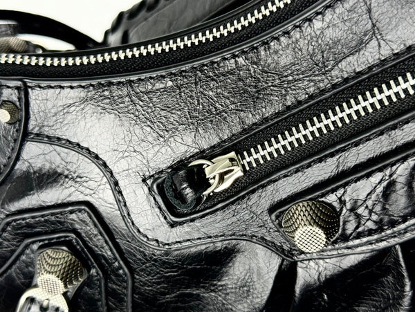 LE CAGOLE LARGE SHOULDER BAG 33 WITH RHINESTONES IN BLACK ARENA LAMBSKIN SILVER HARDWARE