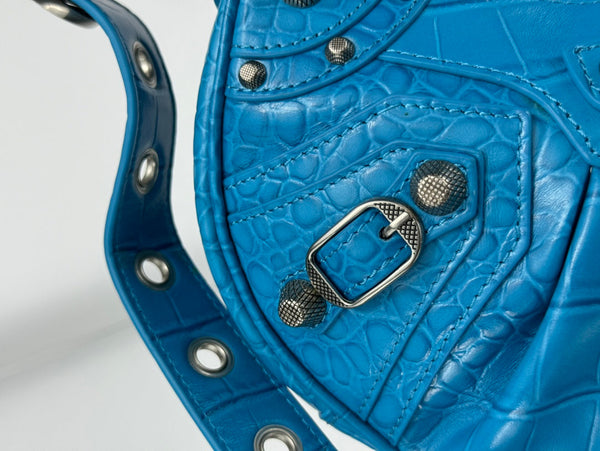 LE CAGOLE SMALL SHOULDER BAG 26 WITH RHINESTONES IN DODPER BLUE CROCODILE EMBOSSED CALFSKIN