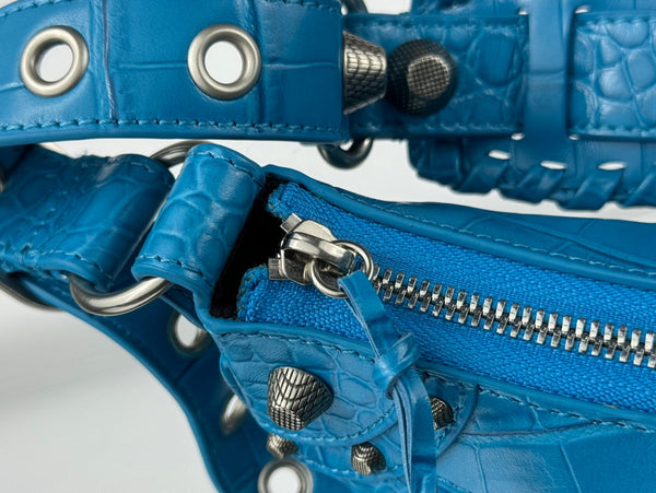 LE CAGOLE SMALL SHOULDER BAG 26 WITH RHINESTONES IN DODPER BLUE CROCODILE EMBOSSED CALFSKIN