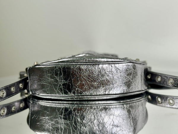 LE CAGOLE SMALL SHOULDER BAG 26 WITH RHINESTONES IN SILVER METALLIC ARENA LAMBSKIN