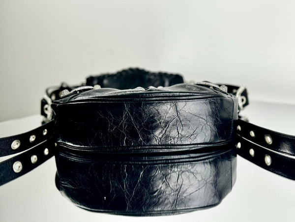 LE CAGOLE SMALL SHOULDER BAG 26 WITH RHINESTONES IN BLACK ARENA LAMBSKIN SILVER HARDWARE