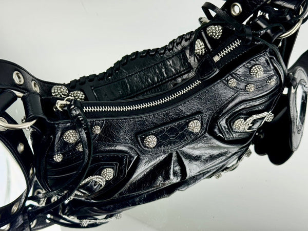 LE CAGOLE SMALL SHOULDER BAG 26 WITH RHINESTONES IN BLACK ARENA LAMBSKIN SILVER HARDWARE