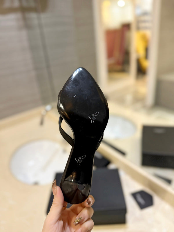 SL OPEN-TOES HIGH HEELS SLIPPER BLACK CALFSKIN