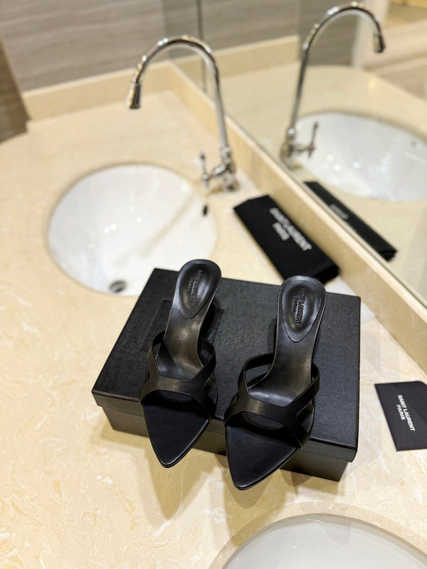 SL OPEN-TOES HIGH HEELS SLIPPER BLACK CALFSKIN