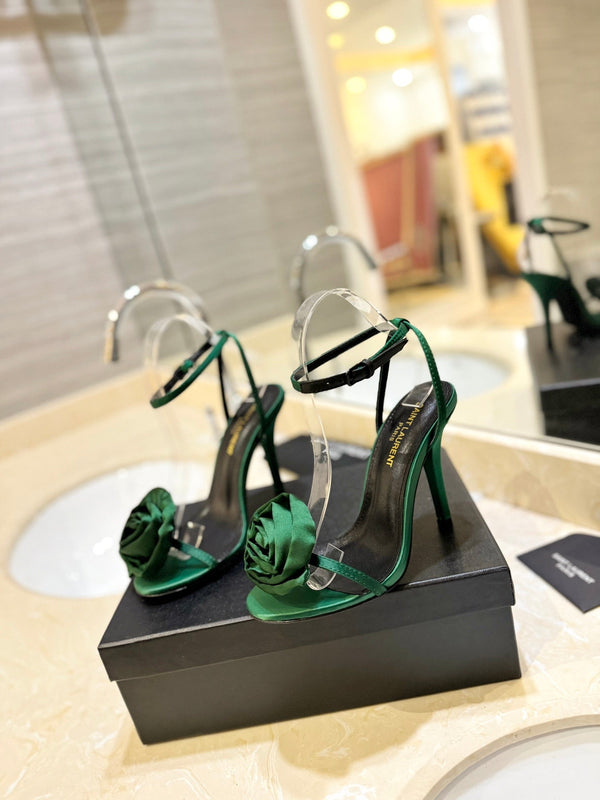 SL IVY FLORAL HEEL SANDALS DARK GREEN SATIN